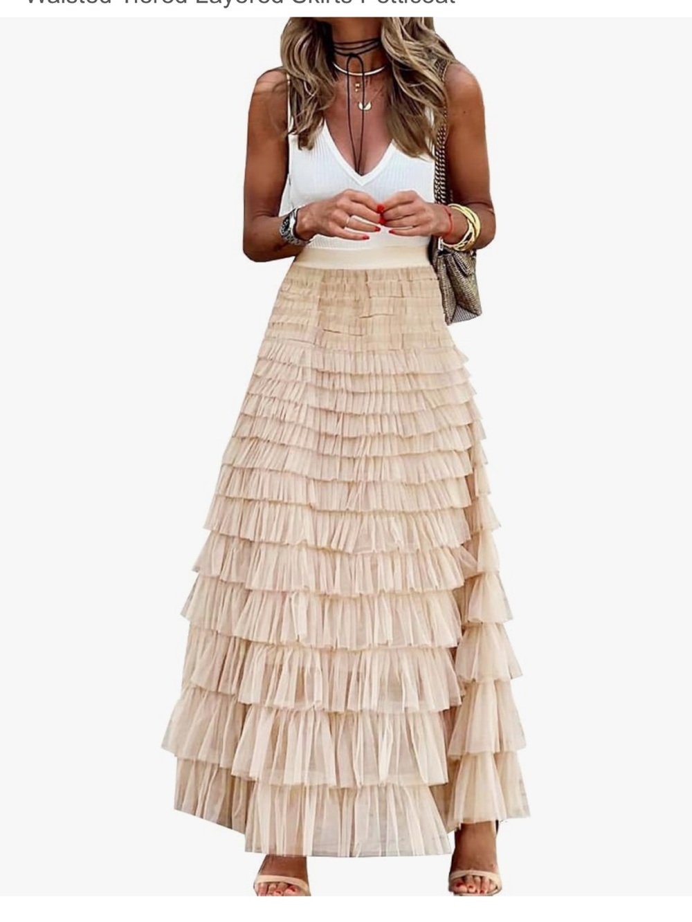 Studio West Layered Tulle Maxi Skirt in a Champagne Color with Elastic Waistband
